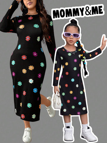 Young Girl Floral Knit Bodycon Casual Dress