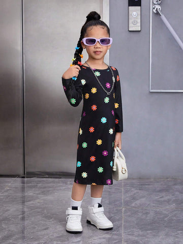 Young Girl Floral Knit Bodycon Casual Dress