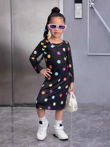 Young Girl Floral Knit Bodycon Casual Dress