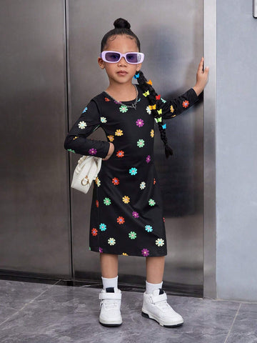 Young Girl Floral Knit Bodycon Casual Dress