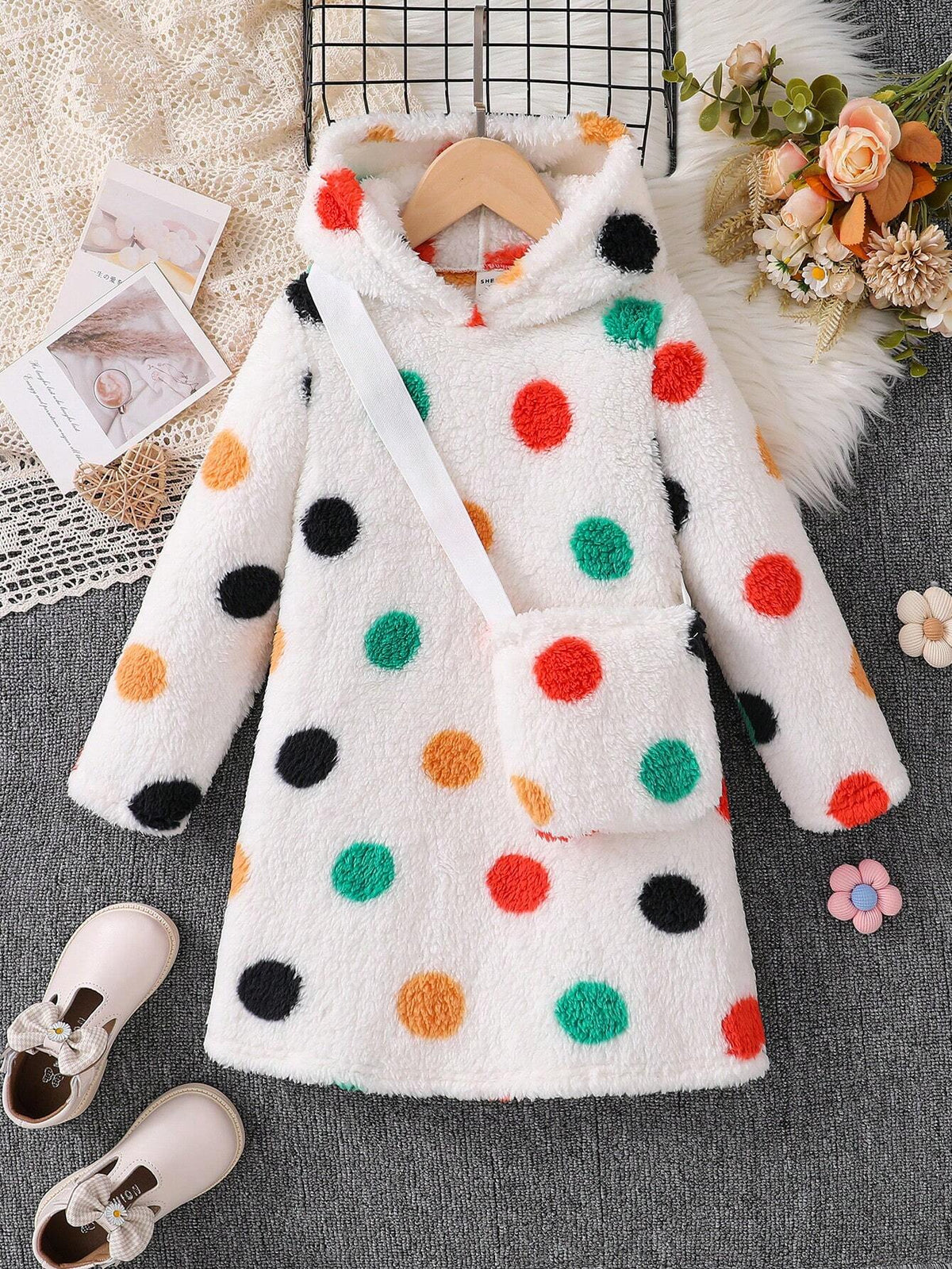 Young Girl Floral Knitted Round Neck Loose Casual Dress With Adjustable Strap Handbag