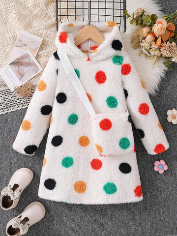 Young Girl Floral Knitted Round Neck Loose Casual Dress With Adjustable Strap Handbag