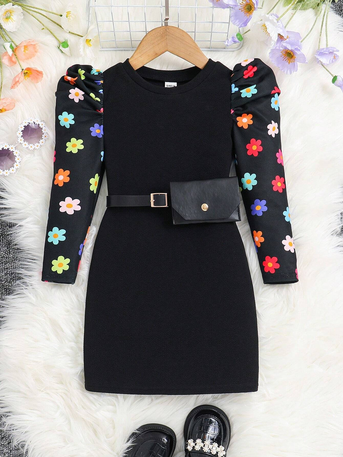 Young Girl Floral Pattern Raglan Sleeve Round Neck Fitted Casual Knit Dress
