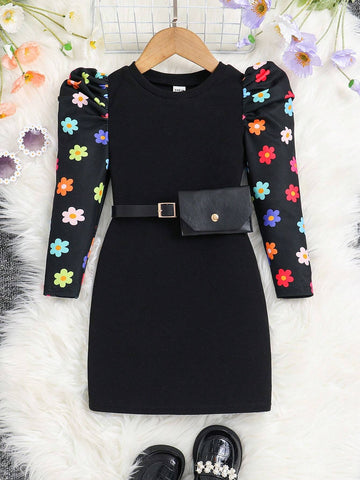 Young Girl Floral Pattern Raglan Sleeve Round Neck Fitted Casual Knit Dress