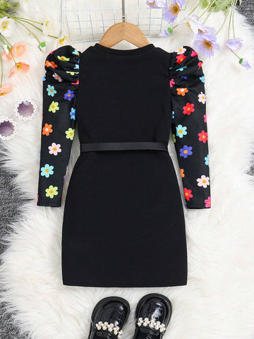 Young Girl Floral Pattern Raglan Sleeve Round Neck Fitted Casual Knit Dress