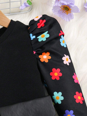 Young Girl Floral Pattern Raglan Sleeve Round Neck Fitted Casual Knit Dress