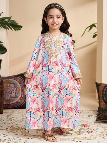 Young Girl Floral Print Applique Decor V-Neck Long Sleeve Dress