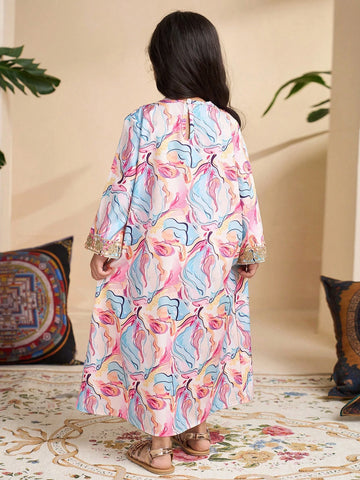 Young Girl Floral Print Applique Decor V-Neck Long Sleeve Dress