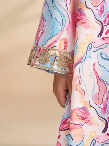 Young Girl Floral Print Applique Decor V-Neck Long Sleeve Dress