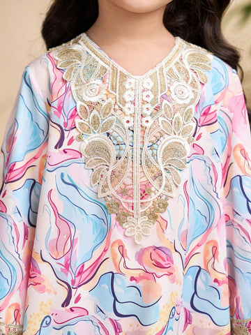 Young Girl Floral Print Applique Decor V-Neck Long Sleeve Dress