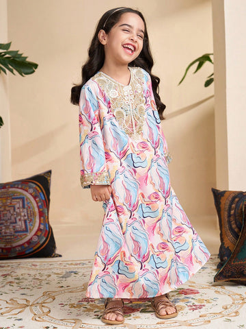 Young Girl Floral Print Applique Decor V-Neck Long Sleeve Dress