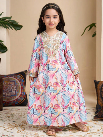Young Girl Floral Print Applique Decor V-Neck Long Sleeve Dress