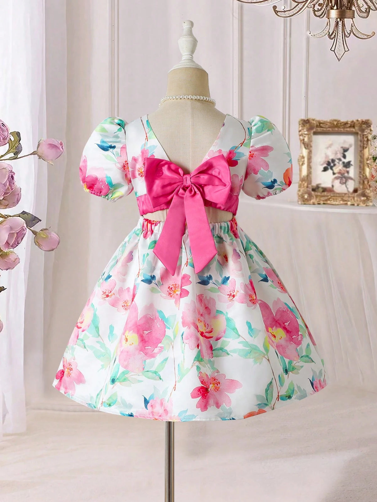 Young Girl Floral Print Bow Decor Elegant Short Sleeve Dress