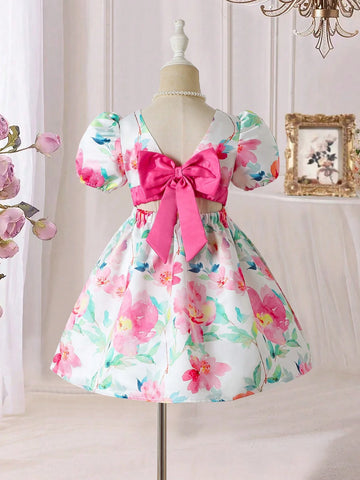 Young Girl Floral Print Bow Decor Elegant Short Sleeve Dress