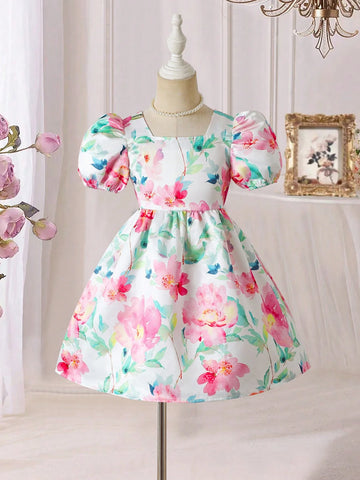 Young Girl Floral Print Bow Decor Elegant Short Sleeve Dress