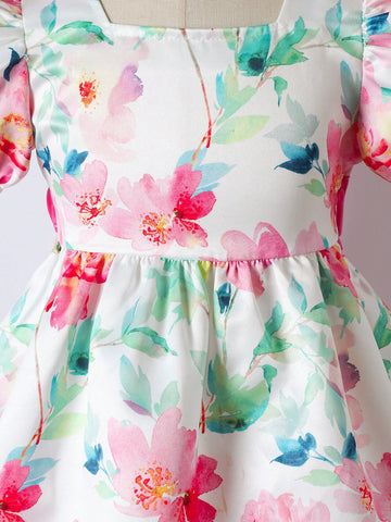 Young Girl Floral Print Bow Decor Elegant Short Sleeve Dress
