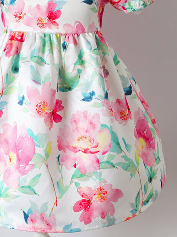 Young Girl Floral Print Bow Decor Elegant Short Sleeve Dress