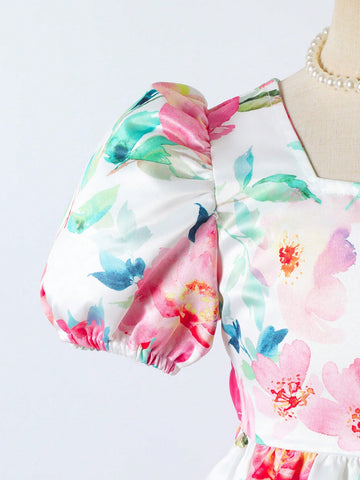 Young Girl Floral Print Bow Decor Elegant Short Sleeve Dress