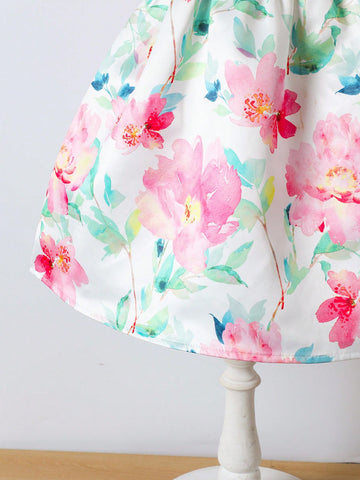 Young Girl Floral Print Bow Decor Elegant Short Sleeve Dress