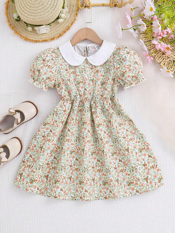 Young Girl Floral Print Bubble Sleeve Doll Collar Dress For Summer Party And Vacation