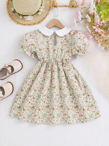 Young Girl Floral Print Bubble Sleeve Doll Collar Dress For Summer Party And Vacation