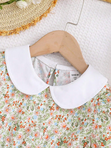 Young Girl Floral Print Bubble Sleeve Doll Collar Dress For Summer Party And Vacation