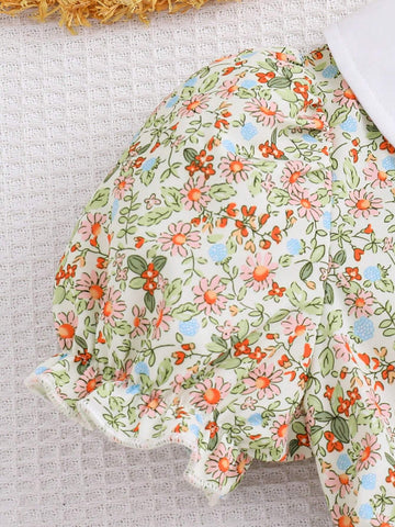 Young Girl Floral Print Bubble Sleeve Doll Collar Dress For Summer Party And Vacation