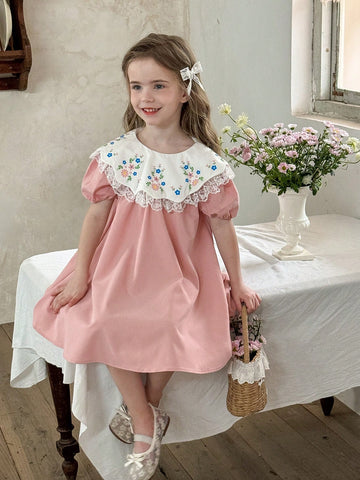 Young Girl Floral Print Chiffon Ruffle Trim Puff Sleeve Dress