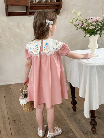 Young Girl Floral Print Chiffon Ruffle Trim Puff Sleeve Dress