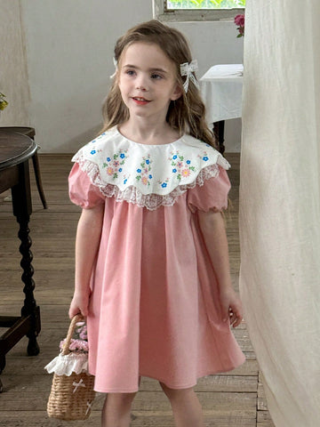 Young Girl Floral Print Chiffon Ruffle Trim Puff Sleeve Dress