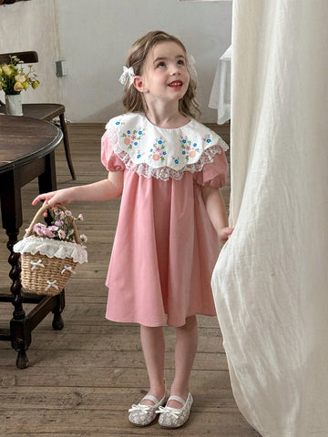 Young Girl Floral Print Chiffon Ruffle Trim Puff Sleeve Dress