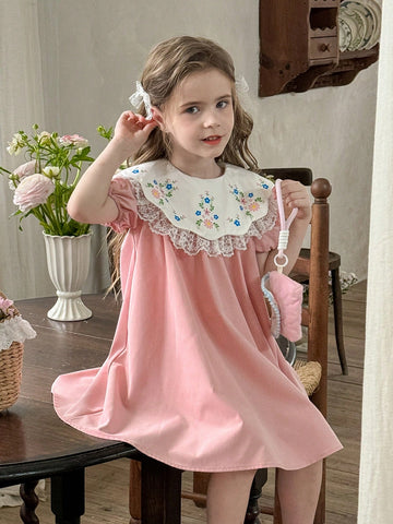 Young Girl Floral Print Chiffon Ruffle Trim Puff Sleeve Dress