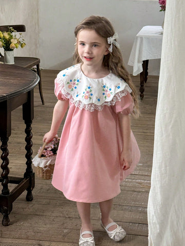 Young Girl Floral Print Chiffon Ruffle Trim Puff Sleeve Dress