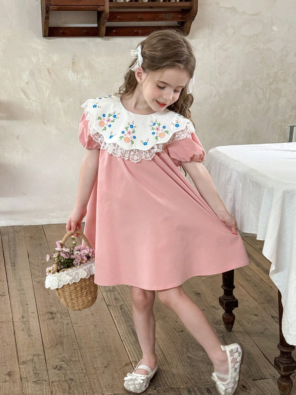 Young Girl Floral Print Chiffon Ruffle Trim Puff Sleeve Dress