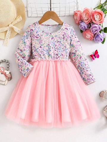 Young Girl Floral Print Contrast Mesh Hem Round Neck Long Sleeve Dress