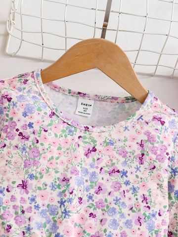 Young Girl Floral Print Contrast Mesh Hem Round Neck Long Sleeve Dress