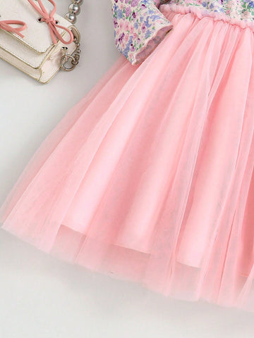 Young Girl Floral Print Contrast Mesh Hem Round Neck Long Sleeve Dress