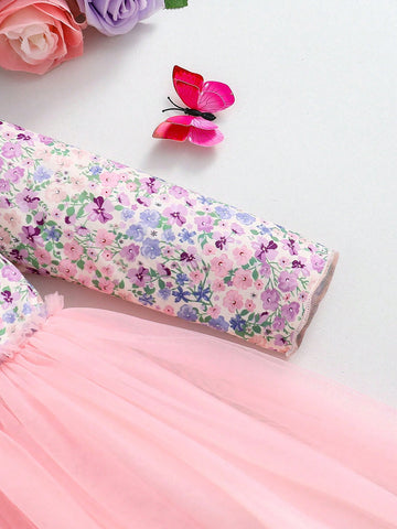 Young Girl Floral Print Contrast Mesh Hem Round Neck Long Sleeve Dress