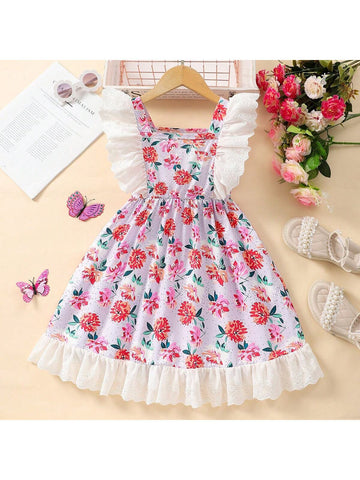 Young Girl Floral Print Contrast Schiffy Ruffle Trim Dress