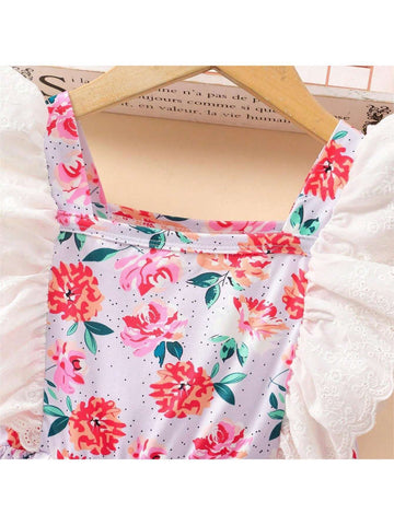 Young Girl Floral Print Contrast Schiffy Ruffle Trim Dress