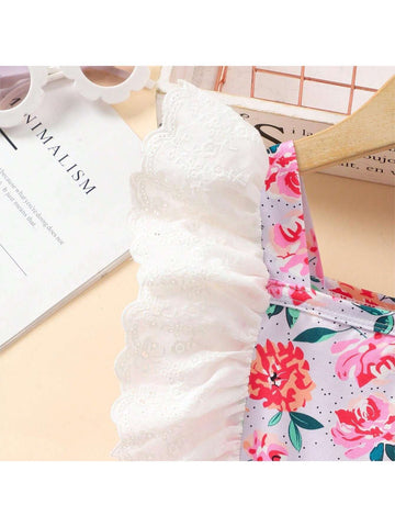 Young Girl Floral Print Contrast Schiffy Ruffle Trim Dress
