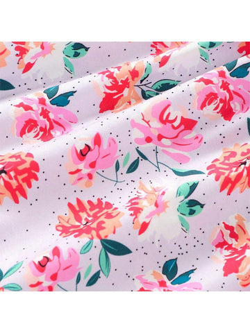 Young Girl Floral Print Contrast Schiffy Ruffle Trim Dress