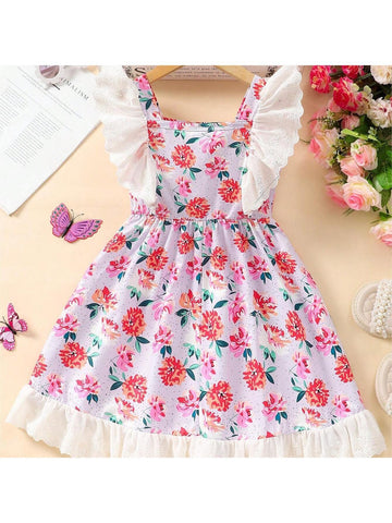 Young Girl Floral Print Contrast Schiffy Ruffle Trim Dress