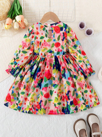 Young Girl Floral Print Crew Neck Long Sleeve Cute Autumn Dress
