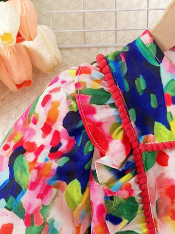 Young Girl Floral Print Crew Neck Long Sleeve Cute Autumn Dress