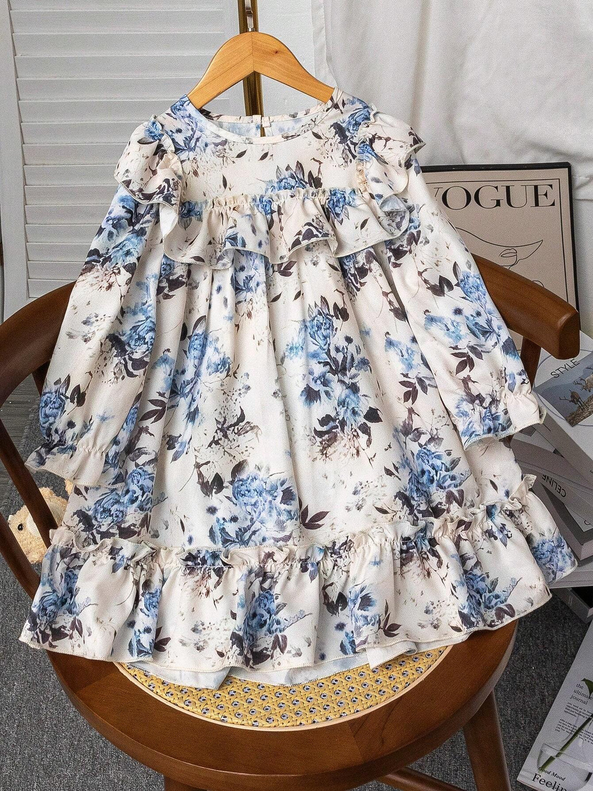 Young Girl Floral Print Cute Ruffle Lantern Sleeve Long Sleeve Dress, Suitable For Spring/Autumn