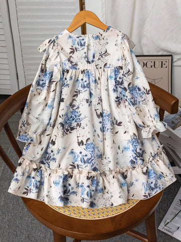 Young Girl Floral Print Cute Ruffle Lantern Sleeve Long Sleeve Dress, Suitable For Spring/Autumn