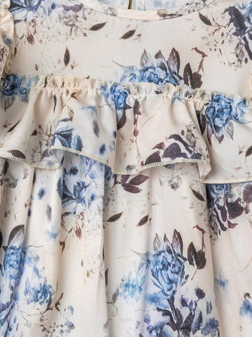 Young Girl Floral Print Cute Ruffle Lantern Sleeve Long Sleeve Dress, Suitable For Spring/Autumn