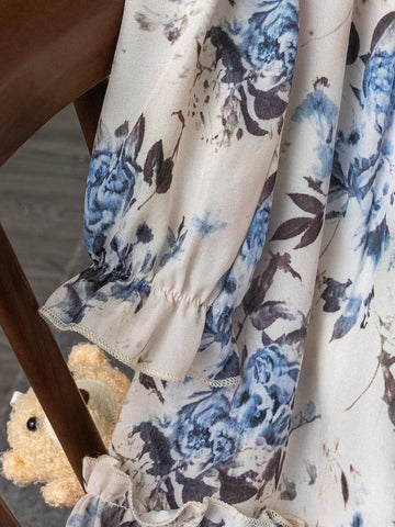 Young Girl Floral Print Cute Ruffle Lantern Sleeve Long Sleeve Dress, Suitable For Spring/Autumn