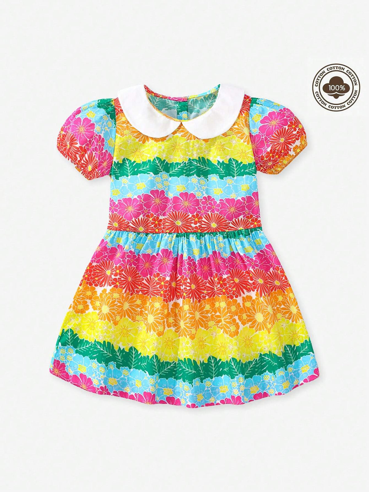 Young Girl Floral Print Doll Collar Short Bubble Sleeve Princess Dress, Summer Casual Cute Kids Dress